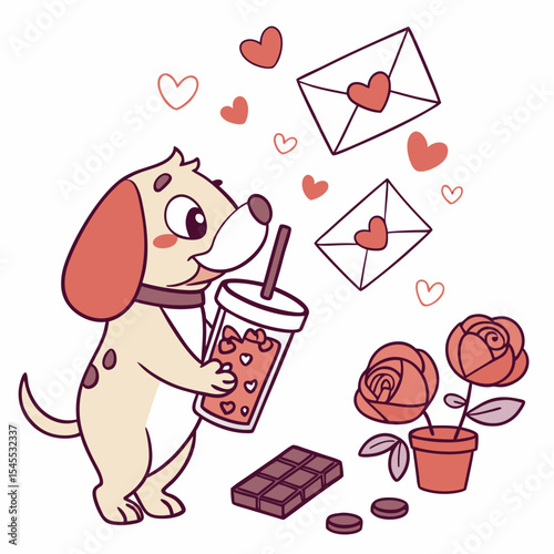 Valentine Blush colored Dog with a Loving touch, placed in a Valentine theme and styled with with a bubble tea