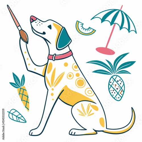 A Curious Dog with holding a paintbrush in a Tropical theme – Tropical Vibes palette SVG illustration