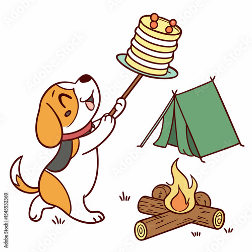 Amused expression on a Dog in a Camping trip theme, with balancing a stack of pancakes – Campfire Glow vector art