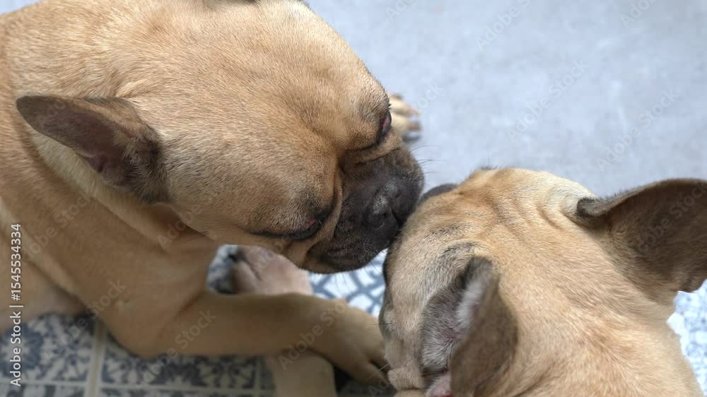 Slow-motion, closeup top view of two French Bulldogs share a sweet moment, gently licking each other Slow-motion, closeup top view of two French Bulldogs share a sweet moment, gently licking each other