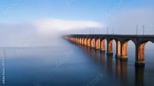 Wallpaper Mural Long brick arch bridge extending through water with mist and a pale blue sky. Reflections and subtle textures create a serene landscape. Torontodigital.ca