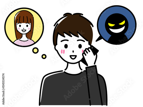 恋人の女性になりすました詐欺師と電話する若い男性（ロマンス詐欺）