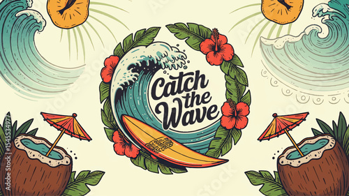 Vintage Surfing Tropical Illustration with "Catch the Wave" Text, Surfboard, Ocean Waves, Hibiscus Flowers, and Coconut Drinks