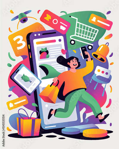Vibrant Illustration of Happy Woman Online Shopping with Smartphone, Social Media Notifications, and Digital Cart Icons