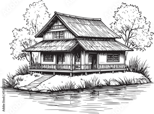 Traditional Asian House by the Water - Vintage Engraving