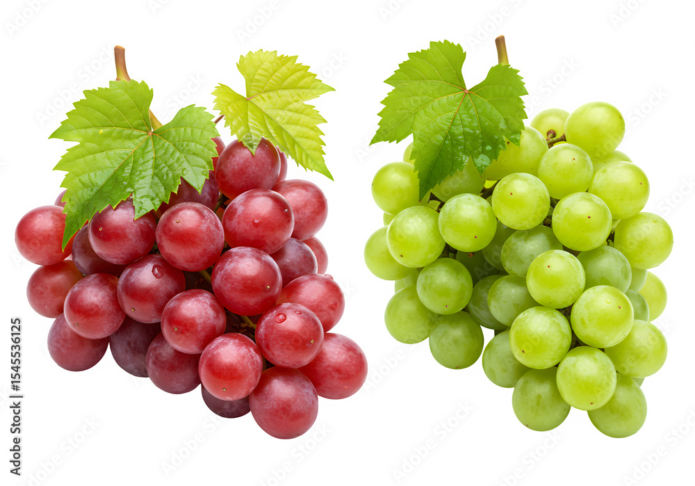 Fototapeta premium Grapes with leaves and water drops isolated on white or transparent background. PNG