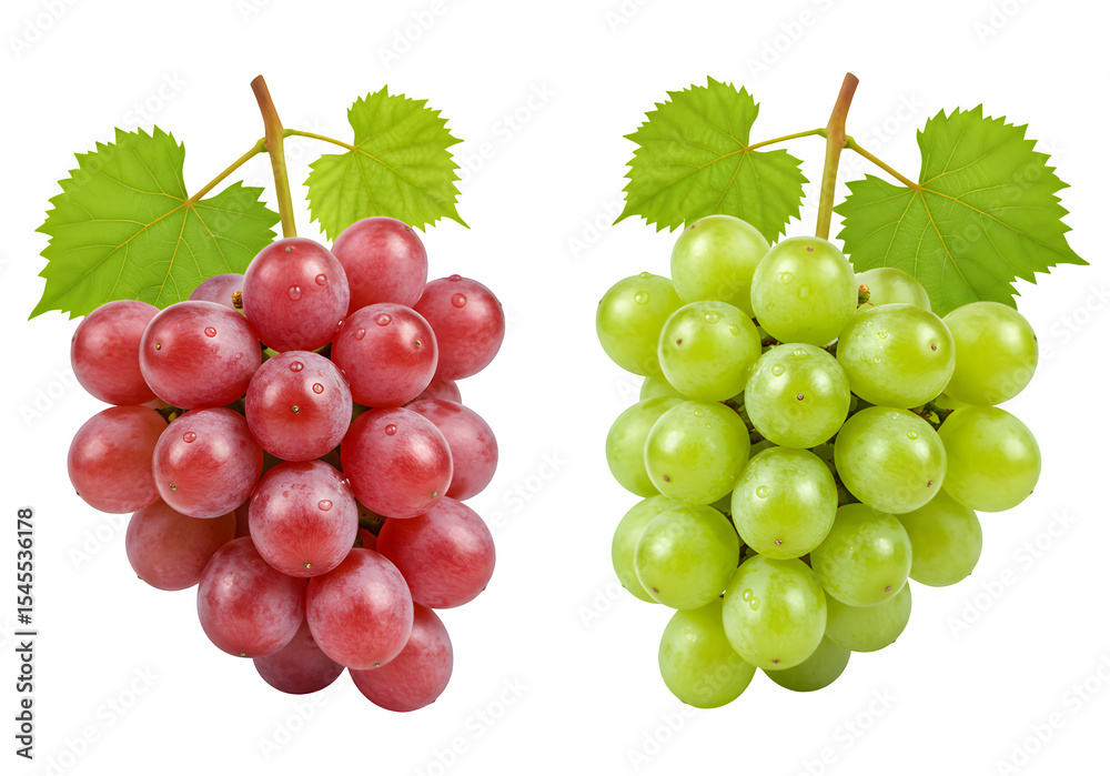Fototapeta premium Grapes with leaves and water drops isolated on white or transparent background. PNG