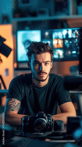 Photographer in Studio Surrounded by Equipment and Monitors Glowing Softly
