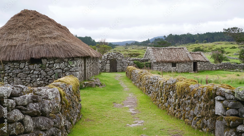 Idyllic rural landscape featuring traditional stone buildings and walls Idyllic rural landscape featuring traditional stone buildings and walls