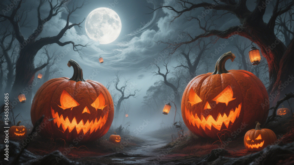 Fototapeta premium A hauntingly beautiful Halloween scene with two large, carved jack-o'-lanterns. Halloween, Halloween Costumes, Halloween Background, Happy Halloween