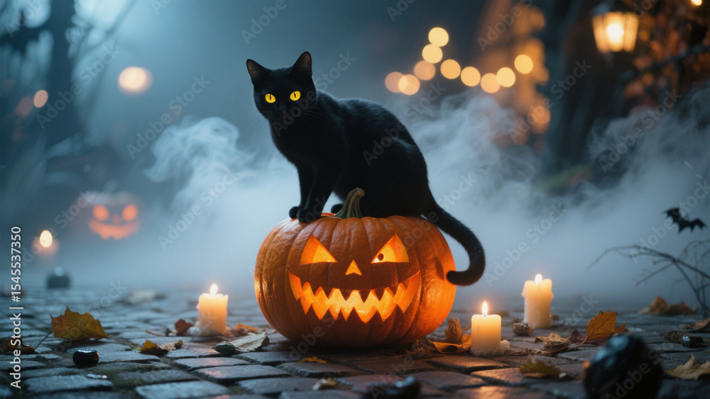 Naklejka premium A hauntingly enchanting Halloween scene featuring a black cat with piercing yellow eyes perched atop a carved pumpkin with glowing orange eyes and jagged teeth. Halloween, Halloween Costumes