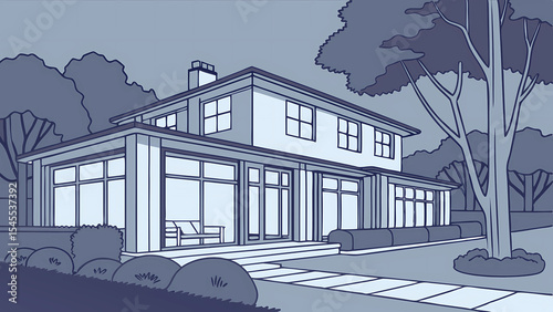 Illustration of a modern two story house with large windows and a walkway in a blue toned landscape