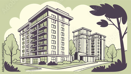 Illustration of apartment buildings with balconies and trees in a suburban setting on a sunny day