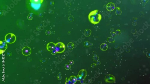 An abstract representation of microscopic organisms or bubbles in a green environment, conveying a sense of depth and motion.