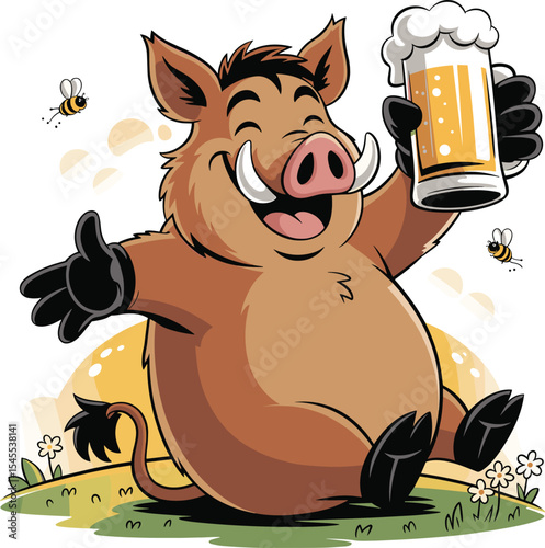  Happy Wild Boar Cartoon Character Holding a Glass of Beer with Bees, Celebrating Oktoberfest