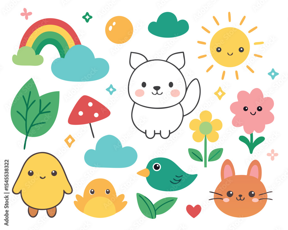 Naklejka premium Adorable springtime vector illustration featuring cheerful animals rainbows and nature elements.