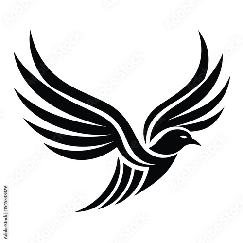 Black and white bird silhouette illustrating freedom logo and movement against a white background. bird, silhouette, black, white, wings, flying.