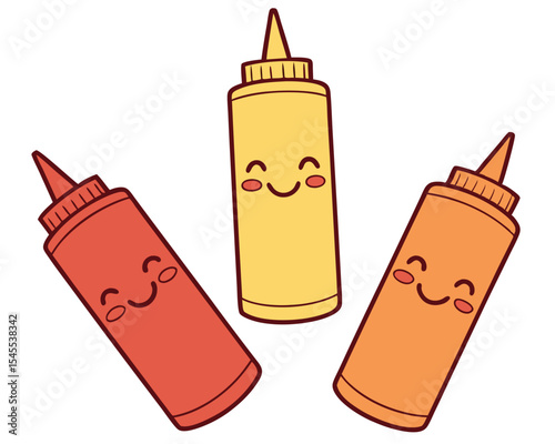 Adorable vector illustration of smiling ketchup mustard and mayonnaise bottles on white background.