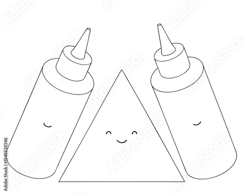 Adorable cartoon smiling characters featuring a triangle and condiment bottles in a minimalist design.