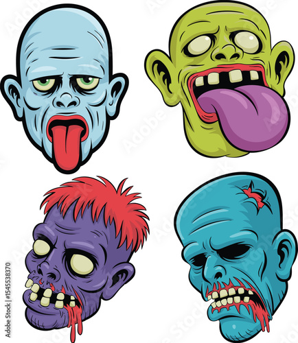 Set of Diverse Zombie Heads with Grotesque Features, Ideal for Halloween, Horror, and Undead Designs