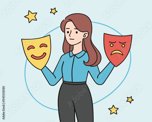 Woman holding smiling and sad masks representing duality of human emotions and feelings.
