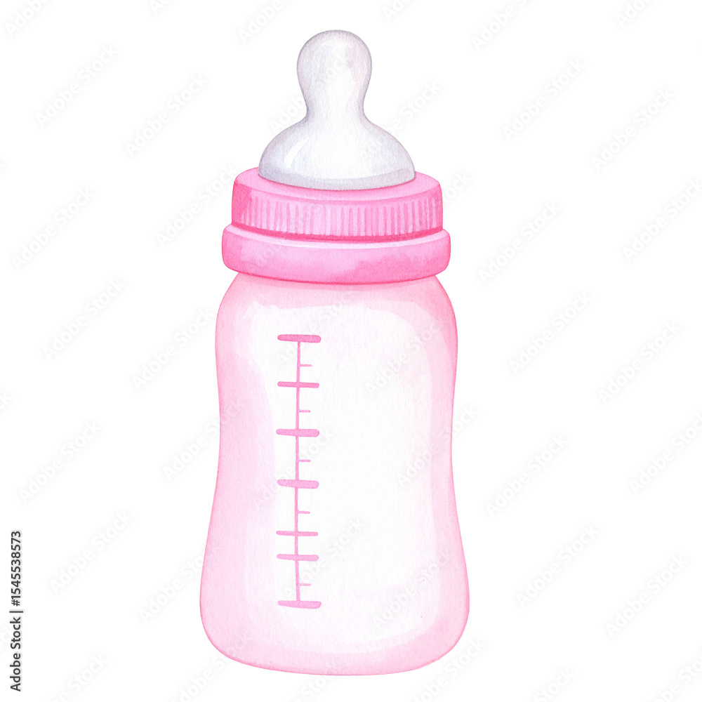 Cute Pink Baby Bottle: A soft pink baby bottle, ready to nourish, is filled with milk and positioned with the perfect presentation for baby care and baby health. Cute Pink Baby Bottle: A soft pink baby bottle, ready to nourish, is filled with milk and positioned with the perfect presentation for baby care and baby health.
