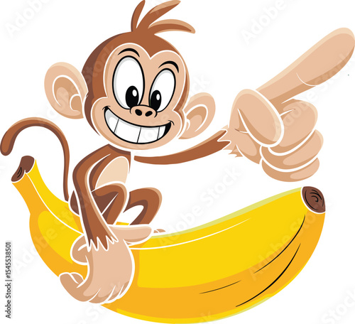 Happy Monkey Character Pointing and Riding a Giant Banana, Symbolizing Fun, Direction, and Playfulness