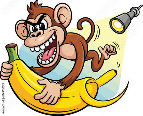 Mischievous Monkey Character Running with Giant Banana and Telescope, Symbolizing Adventure and Playfulness