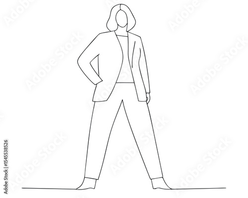 Minimalist line drawing of a confident woman wearing a business suit in strong pose. woman, female, person, businesswoman, business.