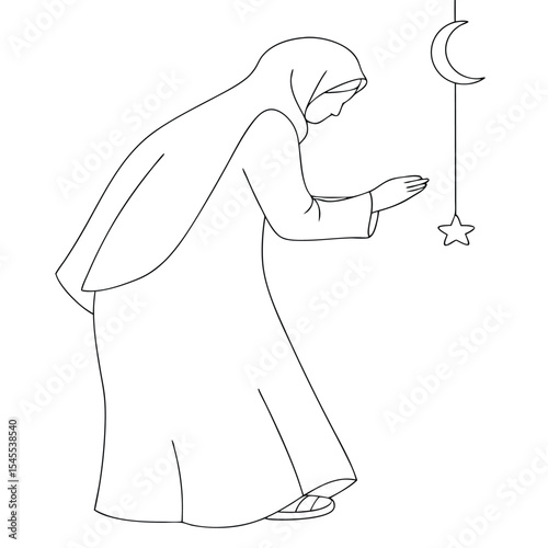 Minimalist line art illustration of a muslim woman reaching towards a crescent moon and star.