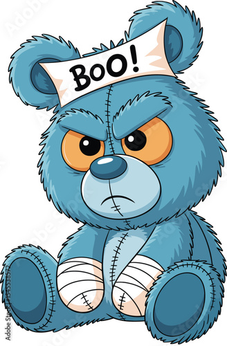 Injured Blue Teddy Bear with "Boo!" Bandage and Scowling Face, Ideal for Halloween and Spooky Concepts