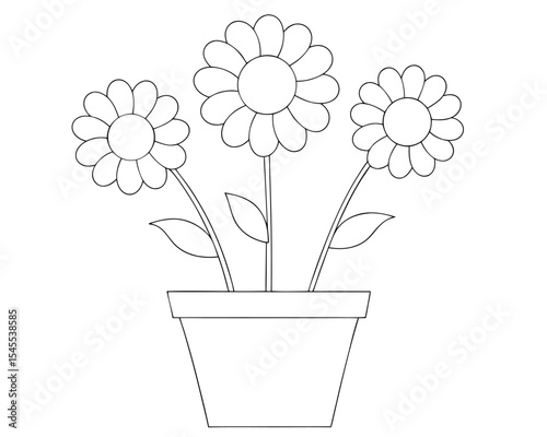Simple black and white illustration of three daisies growing in a flower pot. daisy, flowers, plant, floral, spring, summer, nature.
