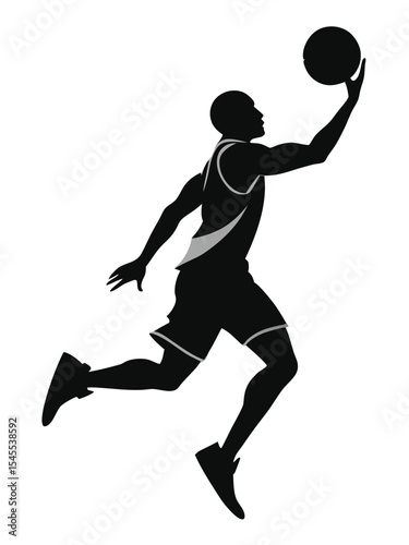 Silhouetted basketball player performing a slam dunk action on white background vector illustration. basketball, player, silhouette, action, sport.
