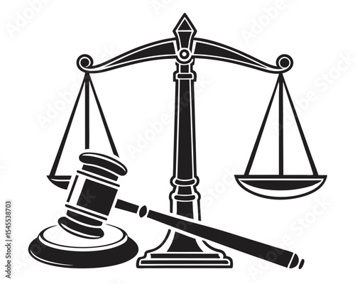 Black and white illustration of justice scales and a gavel representing legal proceedings.