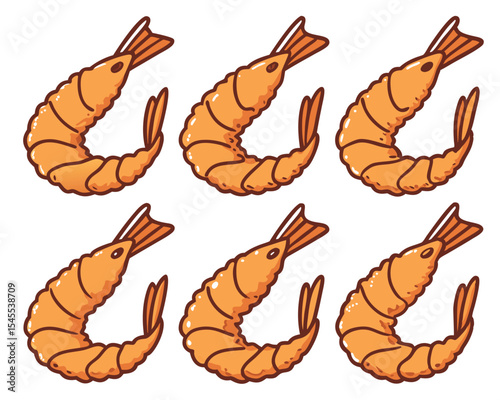 Six cartoon shrimp illustrations arranged in a pattern depicting fresh seafood on a white background.