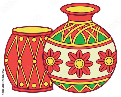 Decorative colorful pottery vases with floral and geometric ornamentations isolated on white background.