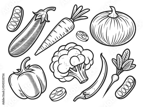 Detailed black and white line art illustration of various fresh healthy vegetables isolated.