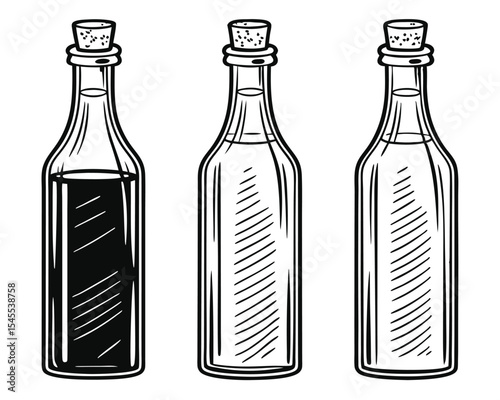 Vintage line art illustration of three bottles with liquid and cork stoppers isolated.