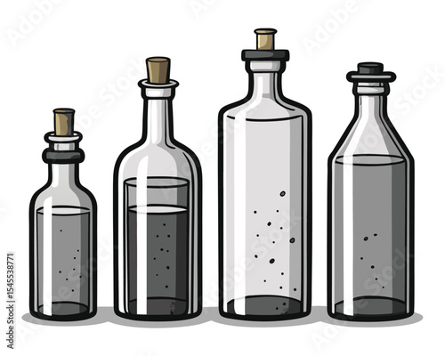 Four vintage glass bottles with cork stoppers in various sizes and filled with liquid.