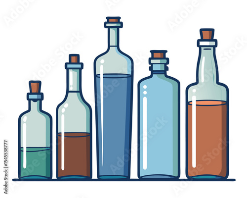 Colorful illustration of various bottles filled with liquids and corks arranged in a row. bottles, glass bottles, cork, liquid, water, blue, brown, green, drinks, beverage.