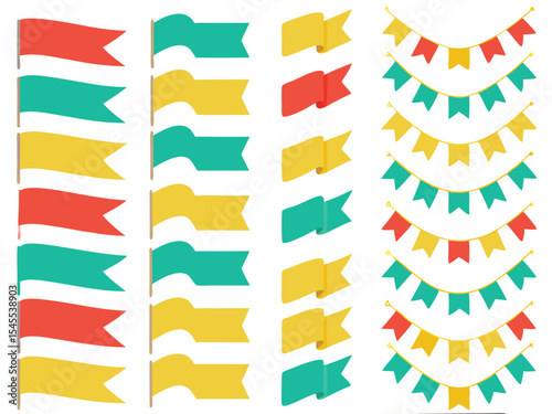 Colorful flag and bunting vector illustrations suitable for decorations or celebratory design elements. tag, sign, icon, arrow, ribbon.
