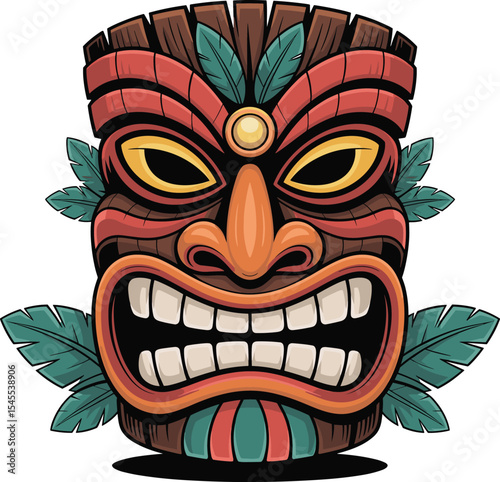 Smiling Tiki Mask with Jungle Leaves and Ethnic Patterns, Symbolizing Tropical Culture and Exotic Destinations