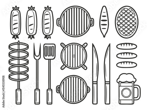 Vector illustration of a barbecue grill and various grilling elements in a minimal monochrome style.