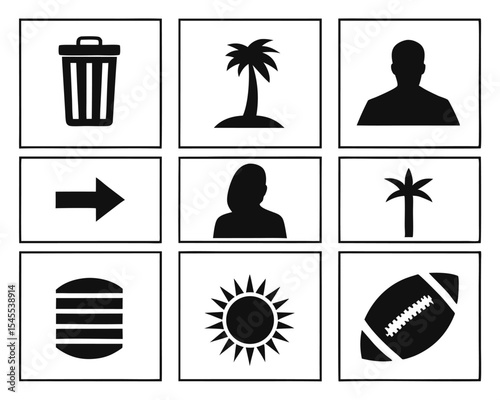 Set of black icons with simple illustrations of everyday objects and elements in squares.