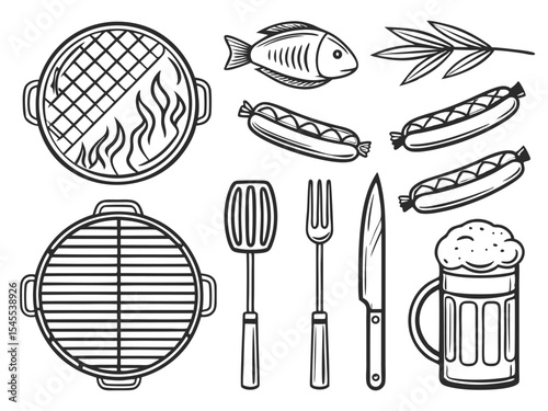 Black and white bbq elements including grills fish sausages utensils and beer mug design. barbeque, grilling, grill, fish, sausage.