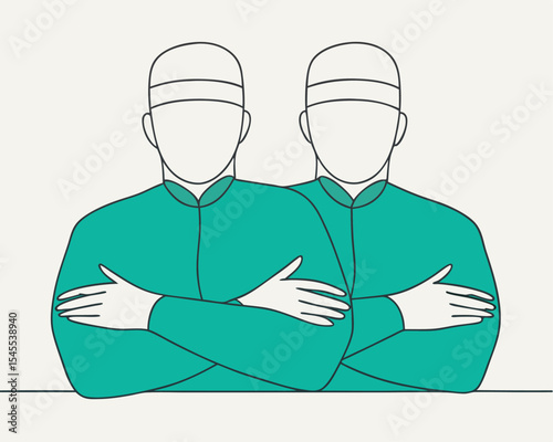 Vector illustration of two muslim men in traditional attire with arms crossed minimalistic design.