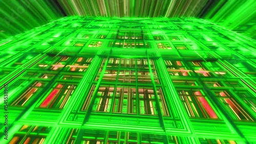 A vibrant, abstract representation of a structure with green and gold tones, suggesting a futuristic or digital environment.
