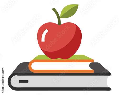 Simple illustration of a red apple sitting atop two books representing education and knowledge. apple, book, books, school, education, knowledge.