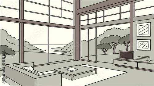Interior view of a modern living room with large windows overlooking a coastal landscape drawing style