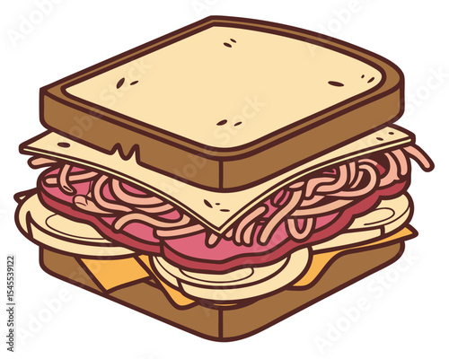 Delicious and freshly made cartoon sandwich featuring layers of meat and cheese and bread.